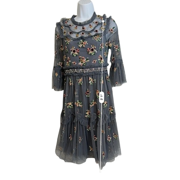 Needle & Thread Blue Floral Embroidered Tulle Midi Dress Fairy Prom Indie Folk - Picture 12 of 13